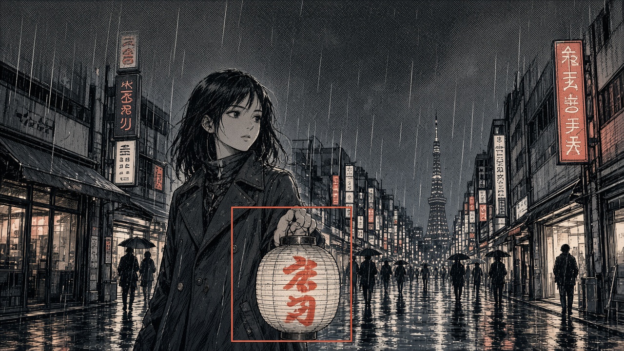 Manga-Straßenstill, eine Hand in einer Auswahlbox, wie Photoshops generatives Füllen